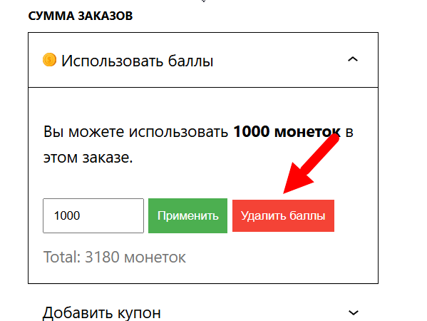 Текст «Удалить баллы» на кнопке в корзине.